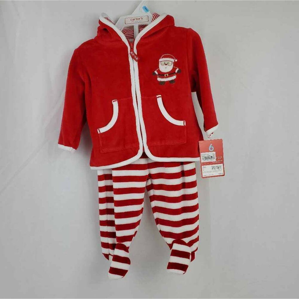 Carters Baby Jacket Pant Set Red Stripe Santa Claus Hooded Pockets Full Zip 6 M
